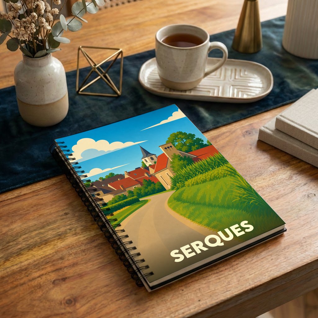 Carnet souvenir de la ville de Serques orné d'une illustration stylisée de son paysage rural.
