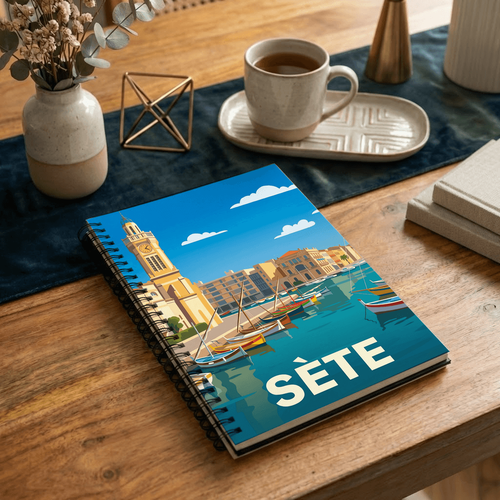 Carnet souvenir de la ville de Sète avec une illustration stylisée de son port et de son clocher.