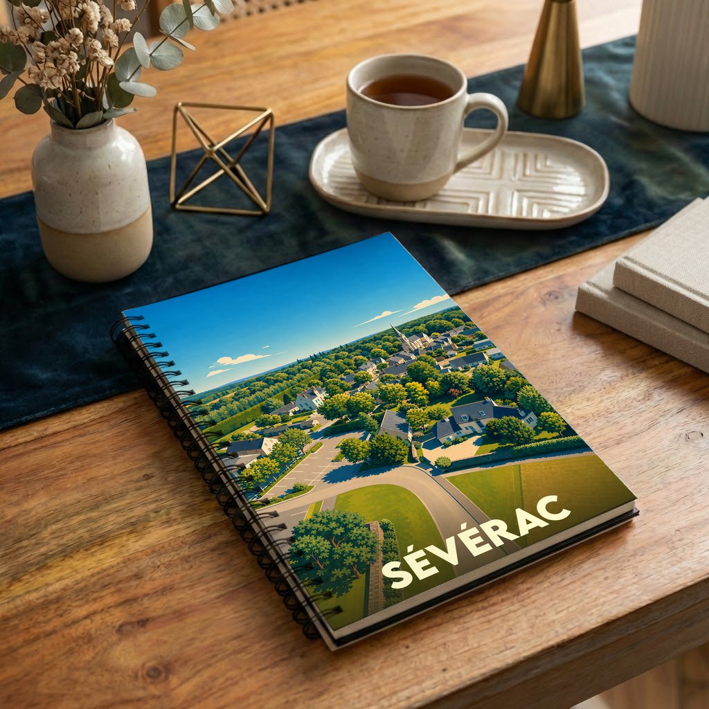 Carnet souvenir à spirale de la ville de Sévérac avec une illustration paysagère stylisée.