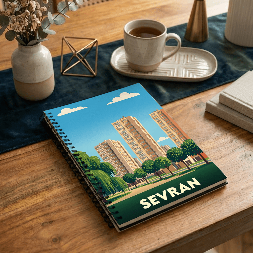 Carnet souvenir de la ville de Sevran avec une illustration urbaine stylisée.