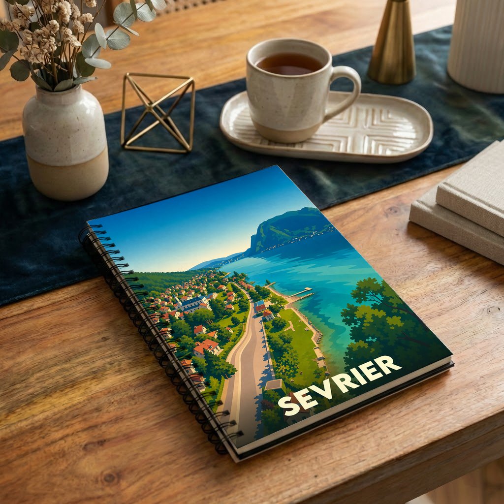 Carnet de notes souvenir de la ville de Sevrier avec une illustration stylisée d'un paysage lacustre.