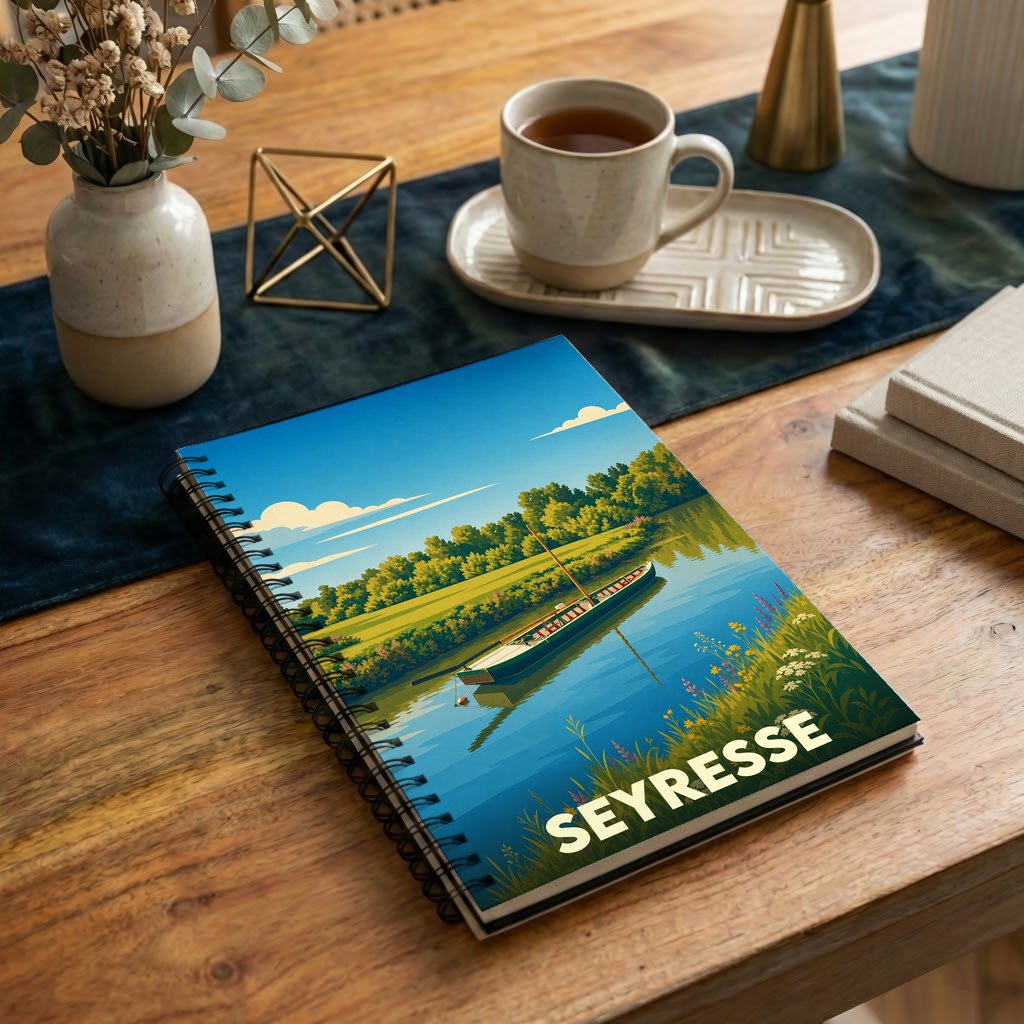 Carnet à spirales souvenir de la ville de Seyresse avec une illustration stylisée d'une barque sur une rivière.