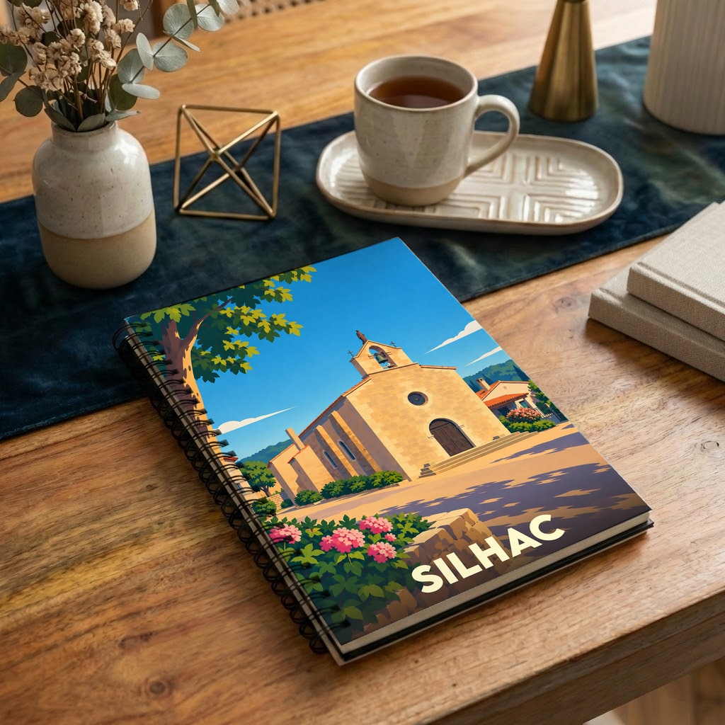 Carnet souvenir de la ville de Silhac avec une illustration stylisée d'une église sous un ciel bleu.