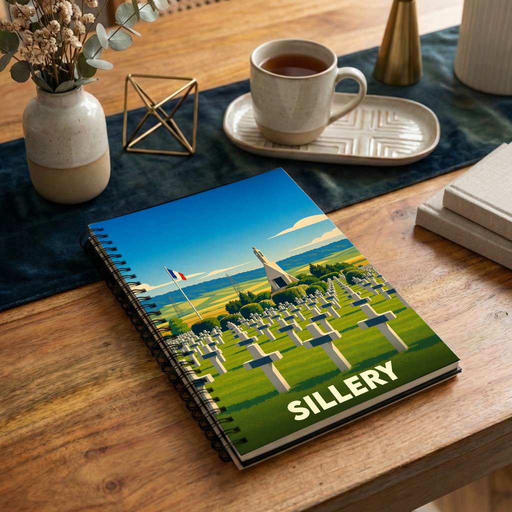 Carnet à spirales souvenir de la ville de Sillery avec une illustration stylisée de son cimetière militaire.