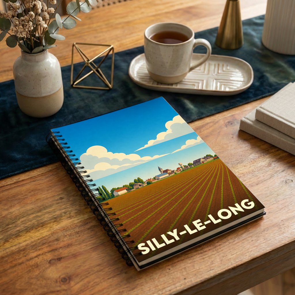 Carnet à spirales souvenir de la ville de Silly-le-Long avec une illustration stylisée de champs et du village.