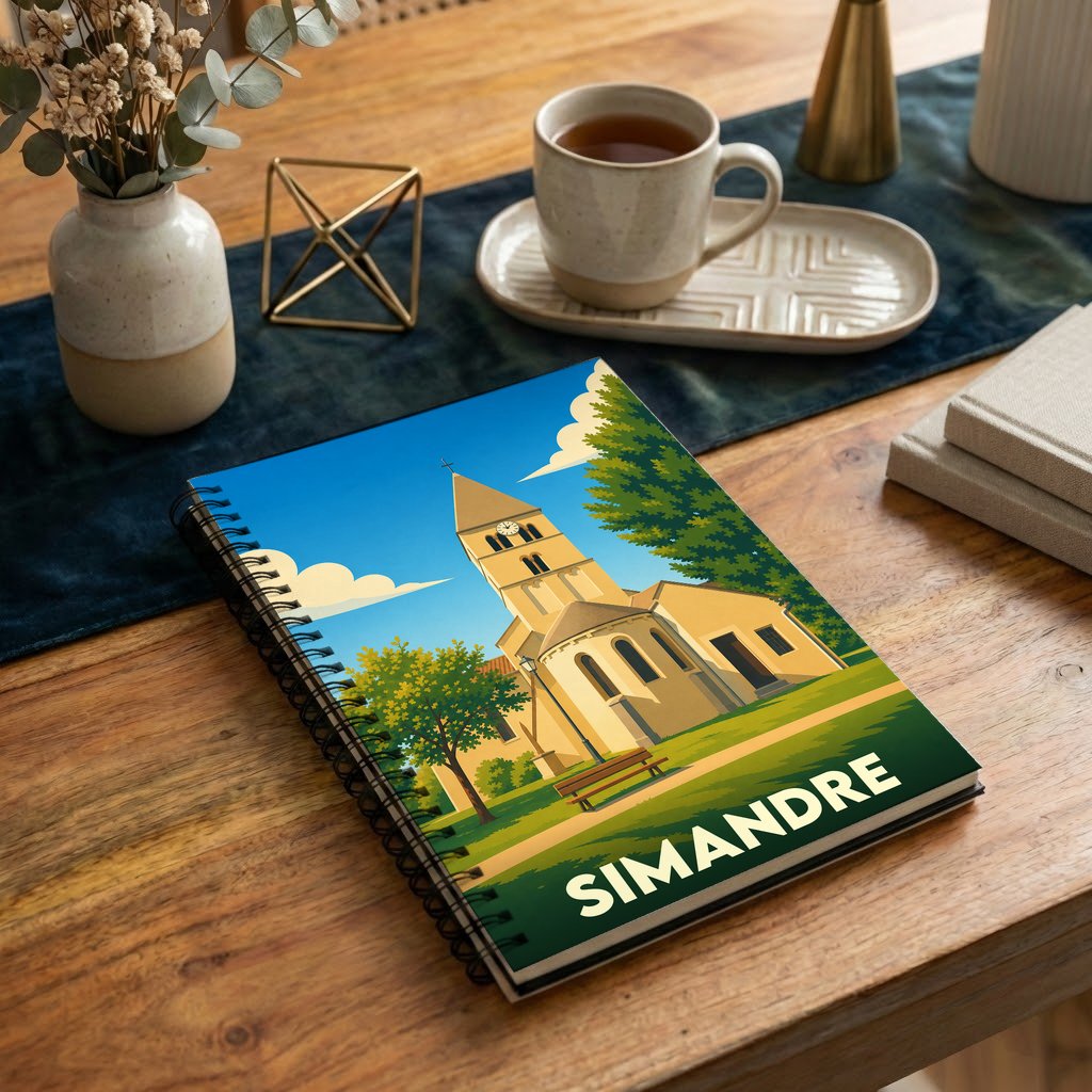 Carnet à spirales souvenir de la ville de Simandre avec une illustration stylisée de son église.
