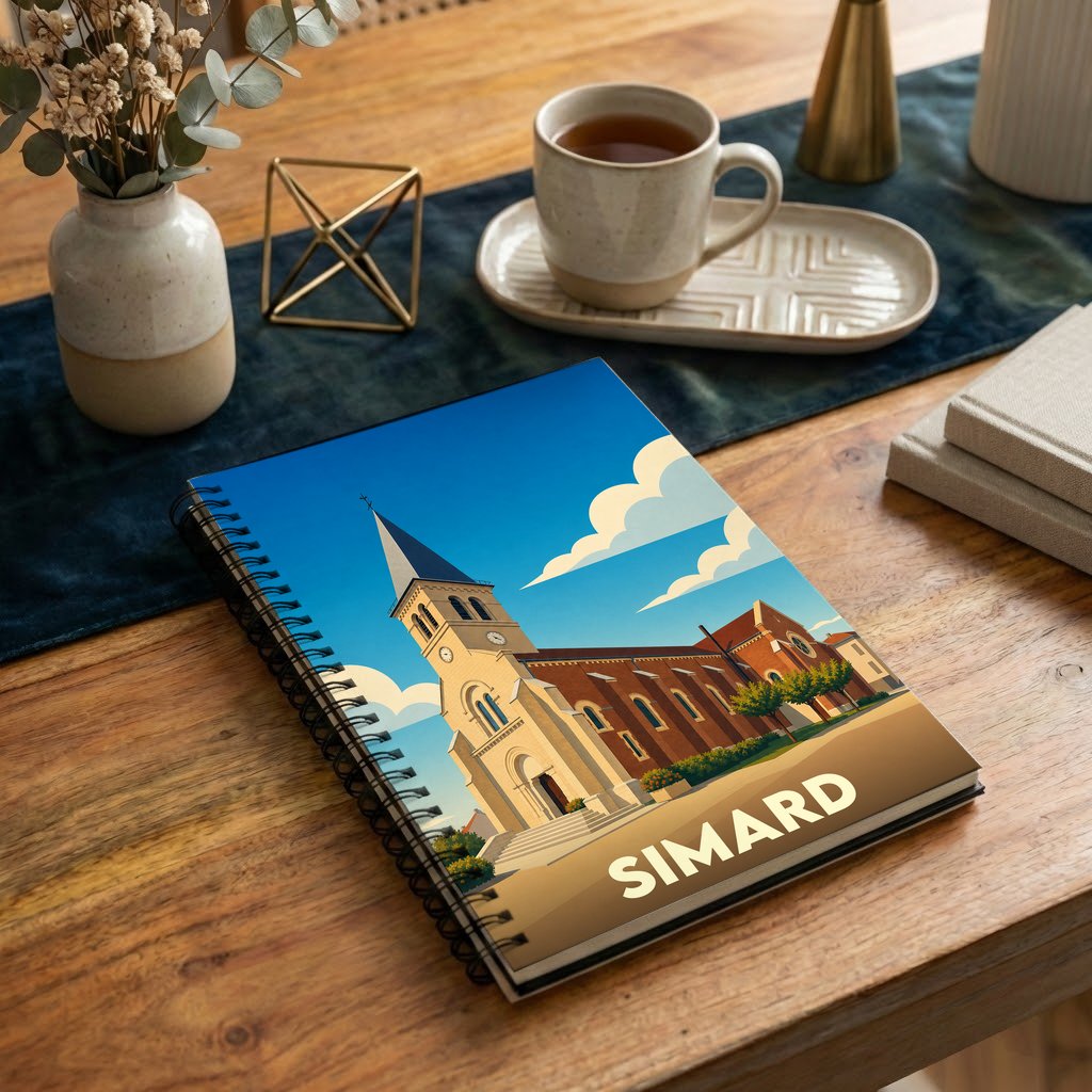 Carnet à spirales souvenir de la ville de Simard avec une illustration stylisée de son église.