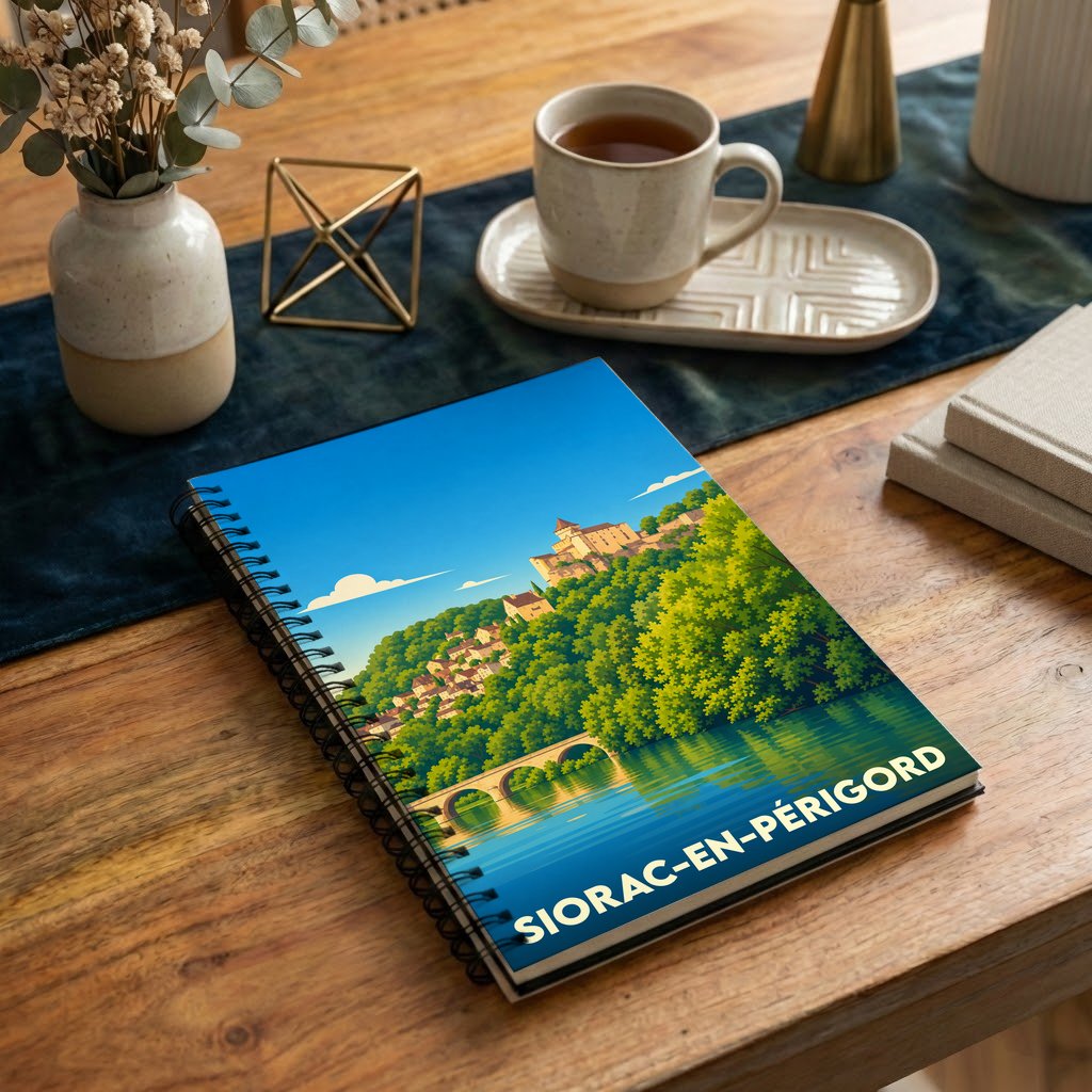 Carnet à spirales souvenir de Siorac-en-Périgord avec une illustration stylisée du village.