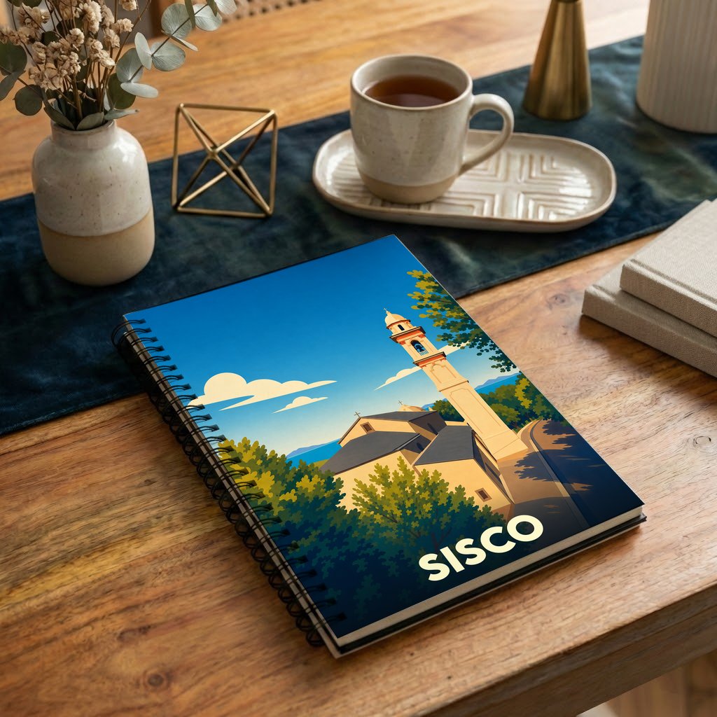 Carnet à spirales souvenir de la ville de Sisco avec une illustration stylisée de son église et de son clocher.