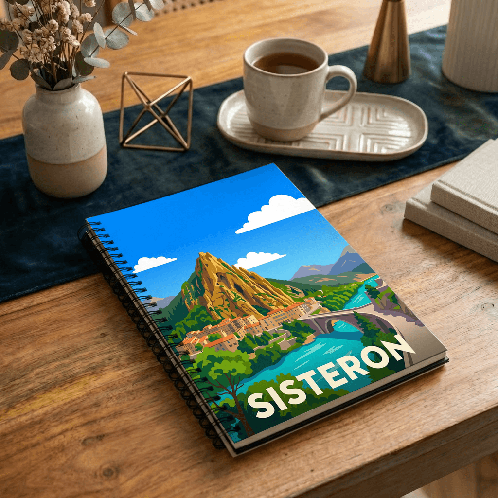 Carnet souvenir de la ville de Sisteron avec une illustration stylisée de son paysage.