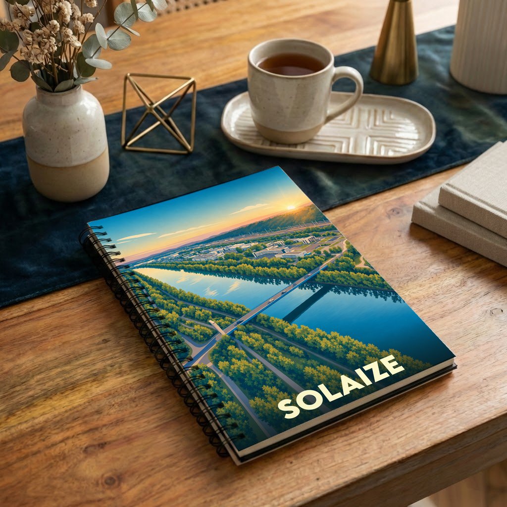 Carnet à spirales souvenir de la ville de Solaize orné d'une illustration stylisée de son paysage fluvial au coucher du soleil.