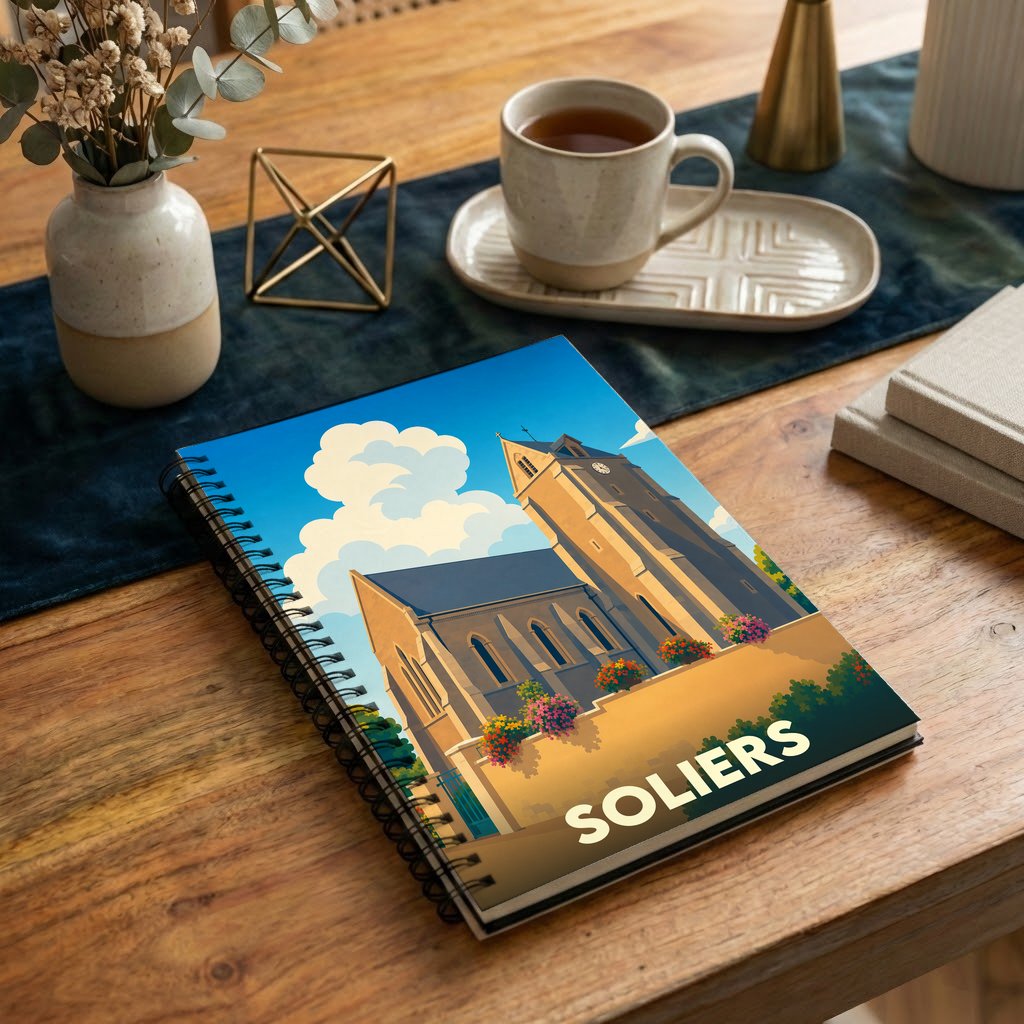 Carnet à spirales souvenir de la ville de Soliers avec une illustration stylisée de son église sous un ciel nuageux.