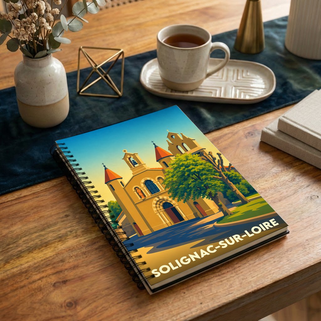Carnet à spirales souvenir de la ville de Solignac-sur-Loire avec une illustration stylisée de son église.