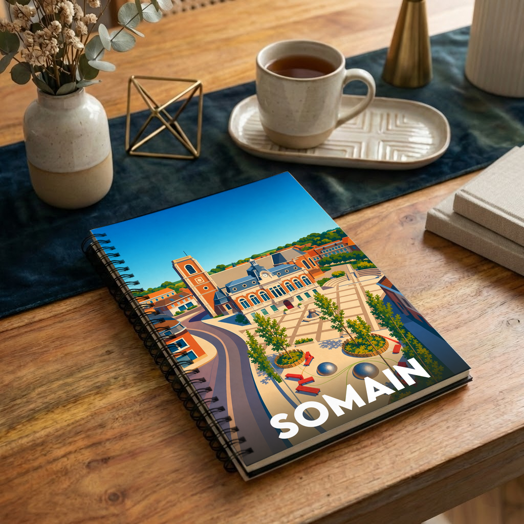 Carnet souvenir de la ville de Somain avec une illustration stylisée de son centre-ville.