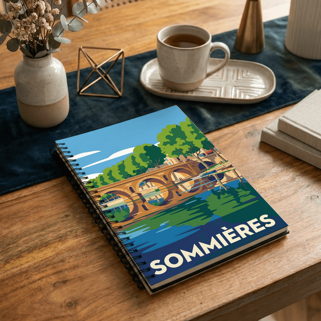 Carnet souvenir de la ville de Sommières avec une illustration stylisée.