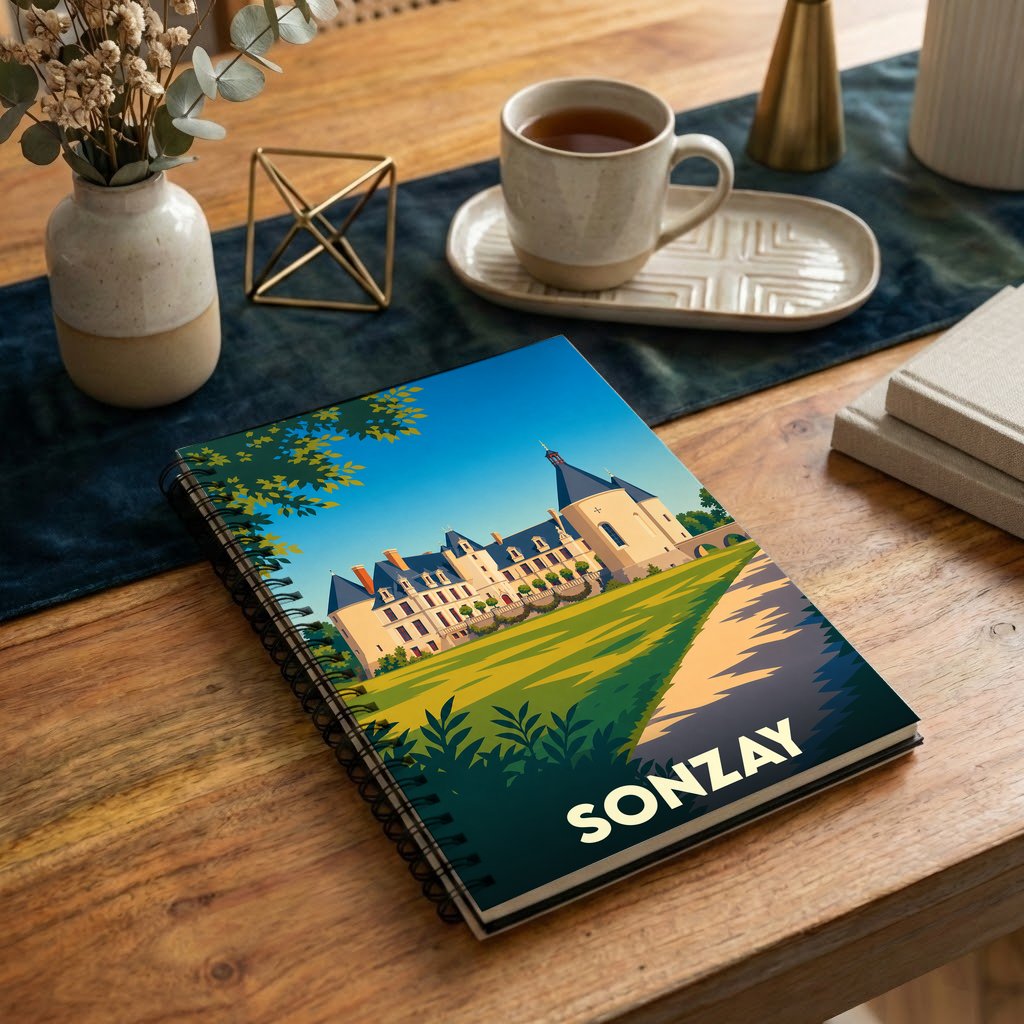 Carnet souvenir de la ville de Sonzay illustré d'un château de style vintage sur sa couverture.