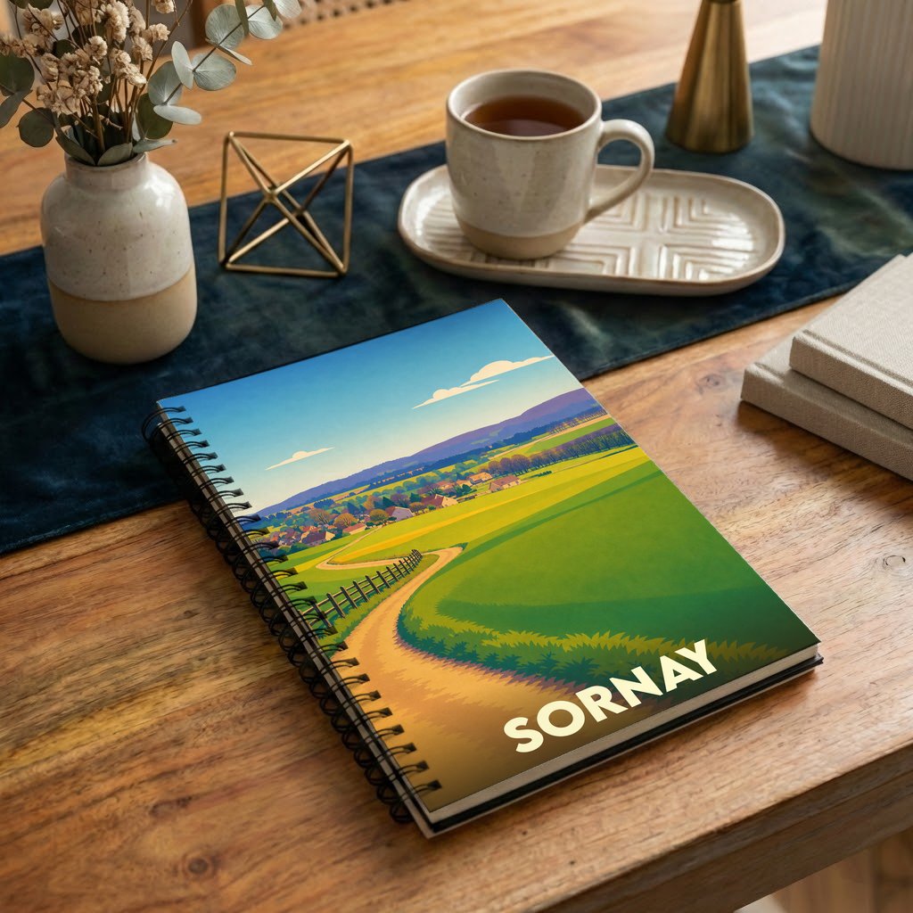 Carnet à spirales souvenir de la ville de Sornay avec une illustration de paysage rural stylisée.