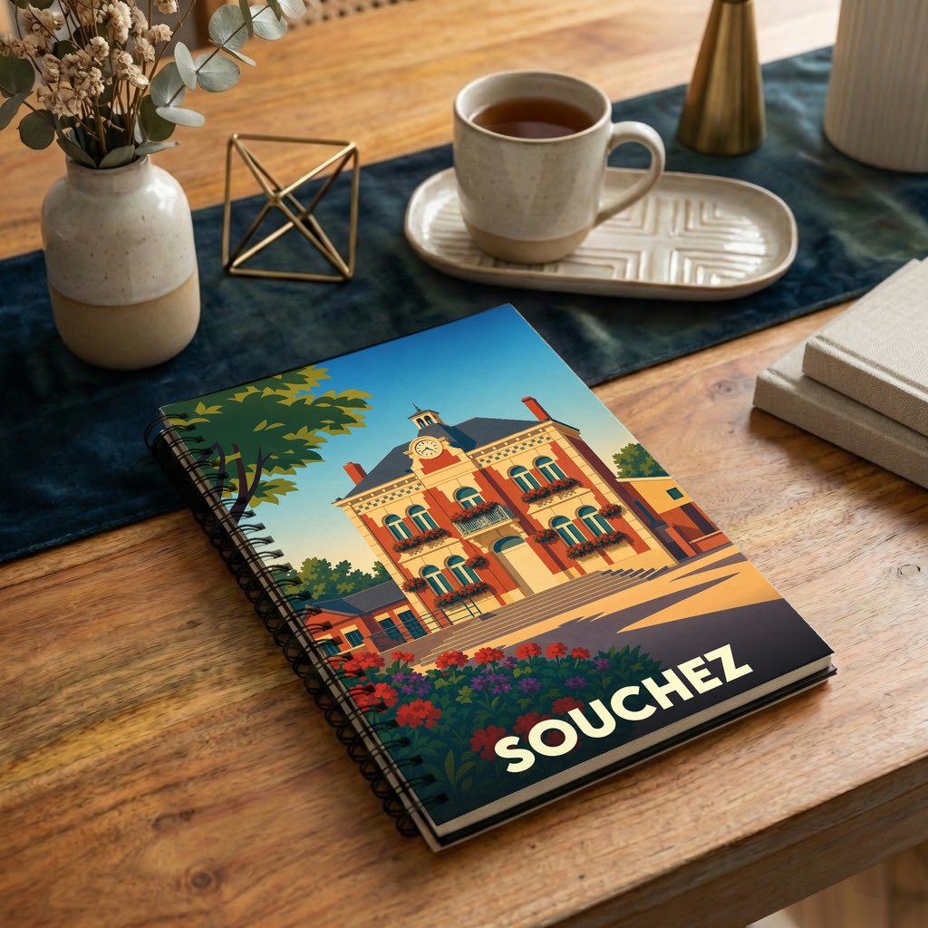 Carnet à spirales souvenir de la ville de Souchez avec une illustration stylisée de sa mairie.