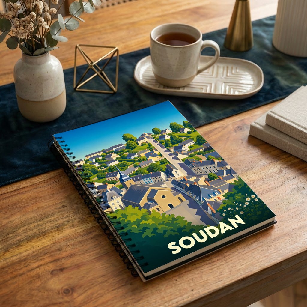 Carnet à spirales souvenir de la ville de Soudan avec une illustration stylisée et colorée.