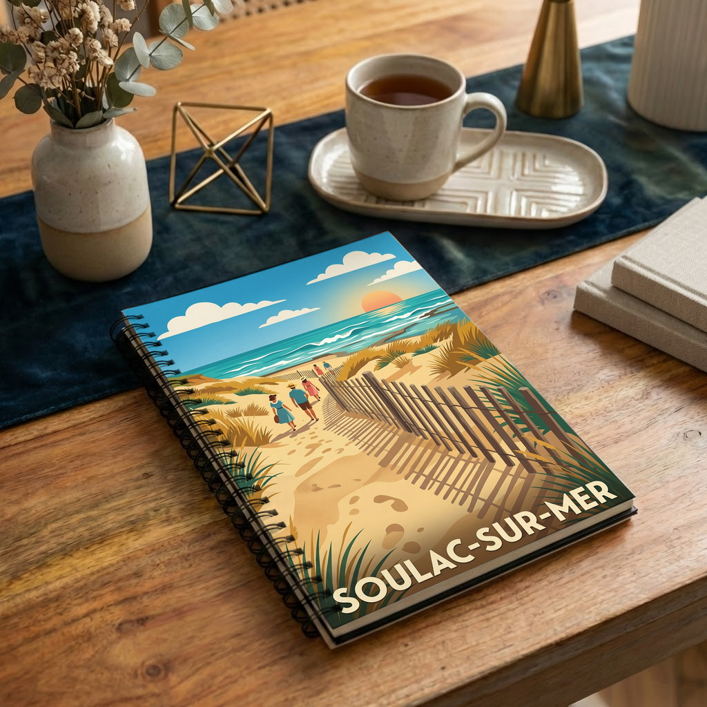 Carnet souvenir de la ville de Soulac-sur-Mer avec une illustration de plage stylisée.