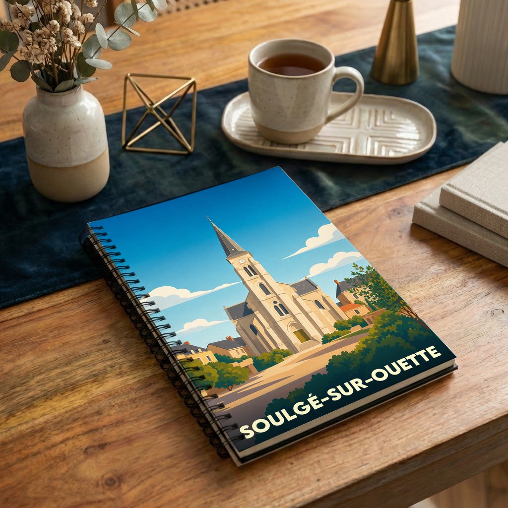 Carnet à spirales souvenir de la ville de Soulgé-sur-Ouette avec une illustration stylisée de son église.