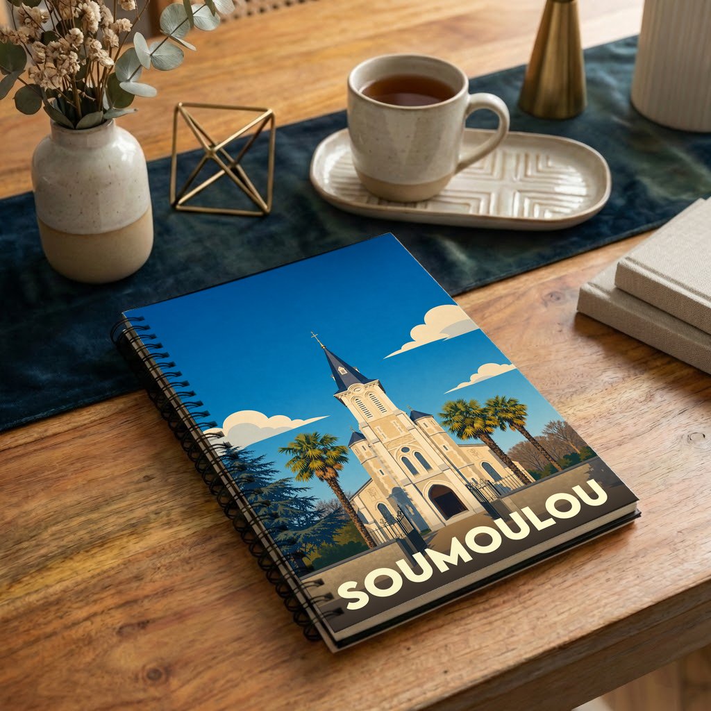 Carnet à spirales souvenir de la ville de Soumoulou avec une illustration stylisée de son église.