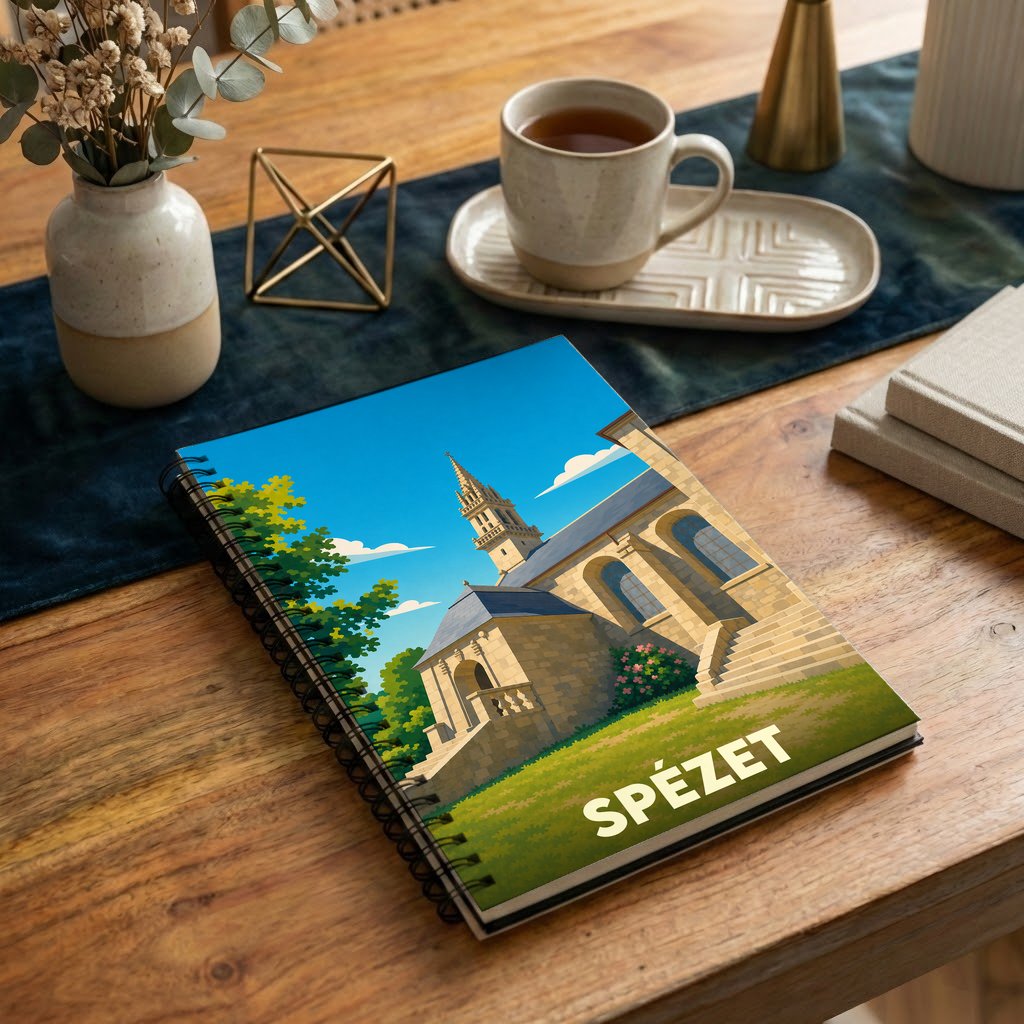 Carnet à spirales souvenir de la ville de Spézet illustré d'un dessin stylisé de sa chapelle.
