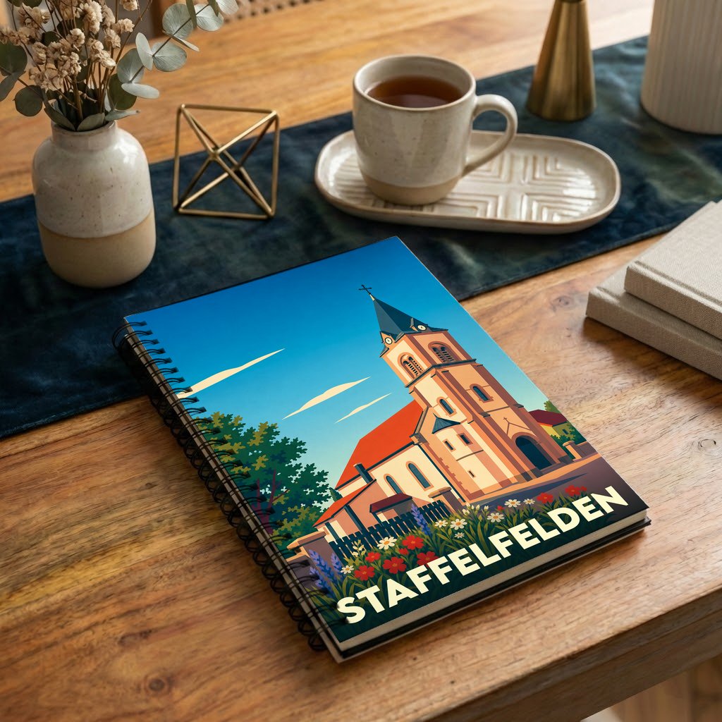 Carnet souvenir de la ville de Staffelfelden avec une illustration stylisée de son église.
