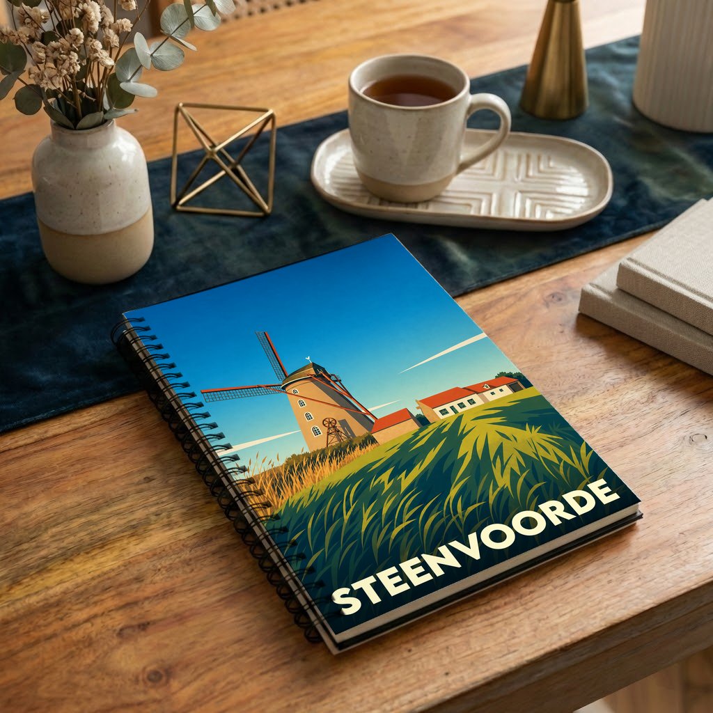 Carnet à spirales souvenir de la ville de Steenvoorde illustré d'un moulin stylisé dans un champ.