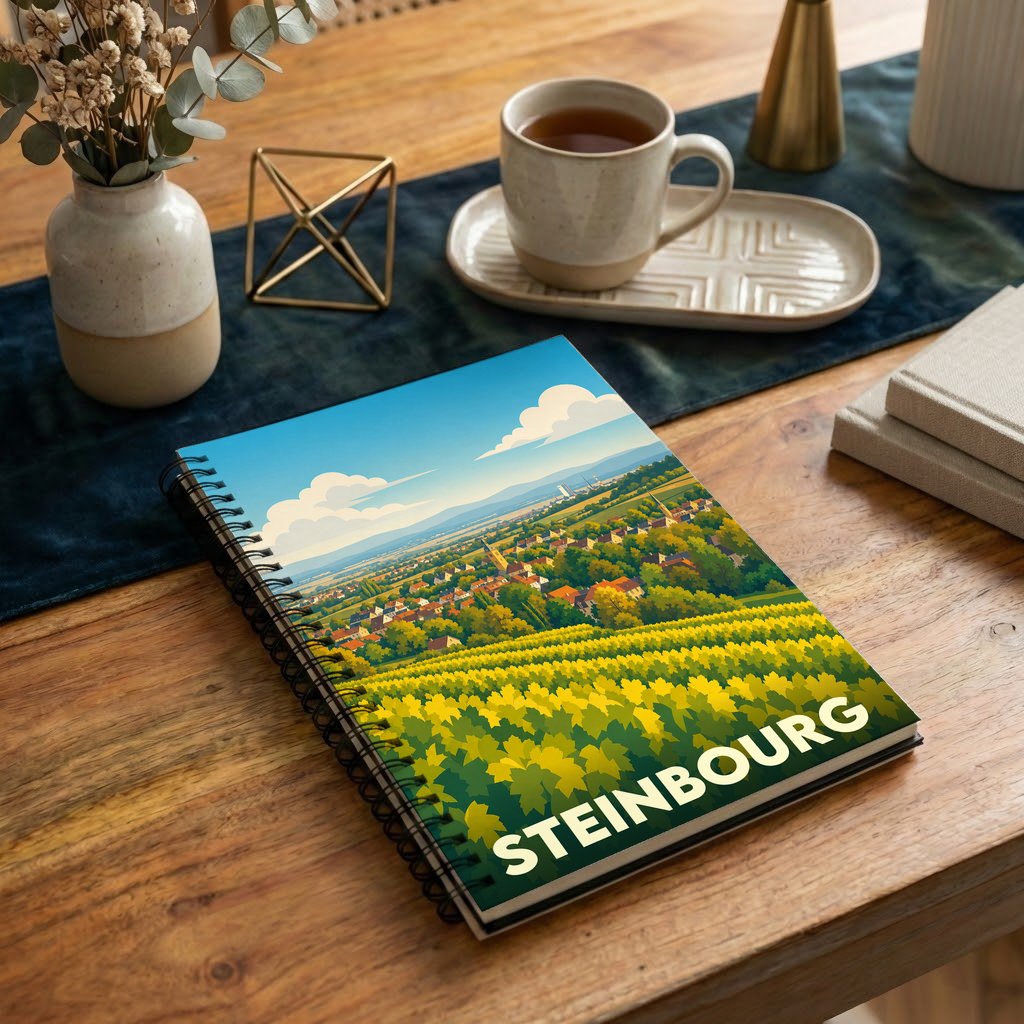 Carnet à spirales souvenir de la ville de Steinbourg avec une illustration stylisée de ses paysages.
