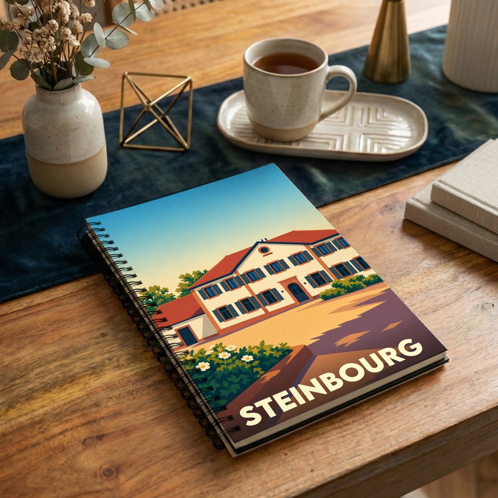 Carnet à spirales souvenir de la ville de Steinbourg avec une illustration stylisée d'un bâtiment traditionnel.