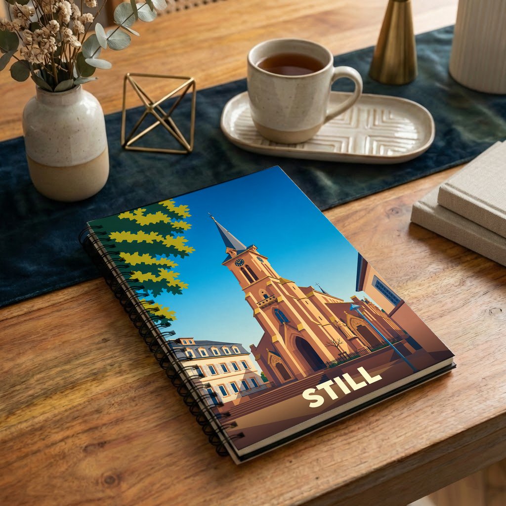 Carnet souvenir de la ville de Still avec une illustration stylisée de son église.