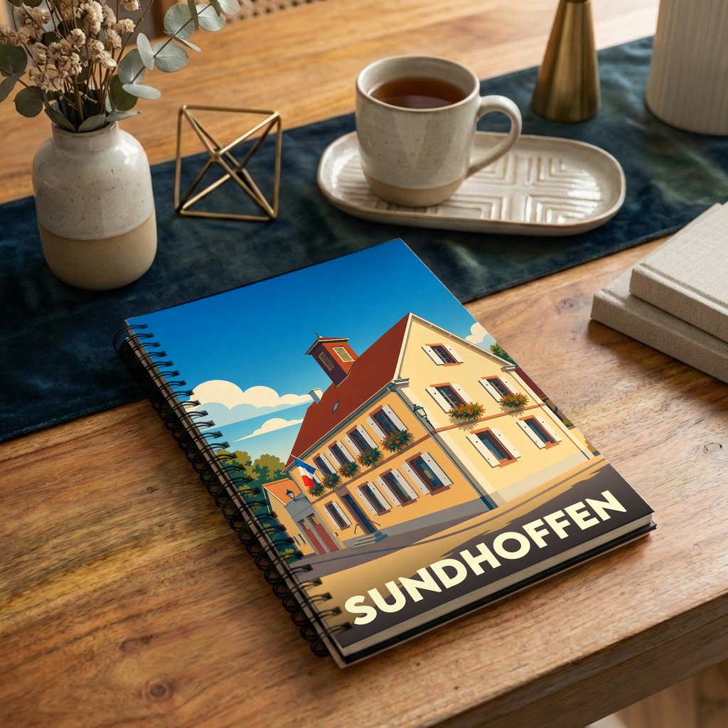Carnet de notes souvenir de la ville de Sundhoffen avec une illustration stylisée d'un bâtiment traditionnel alsacien.
