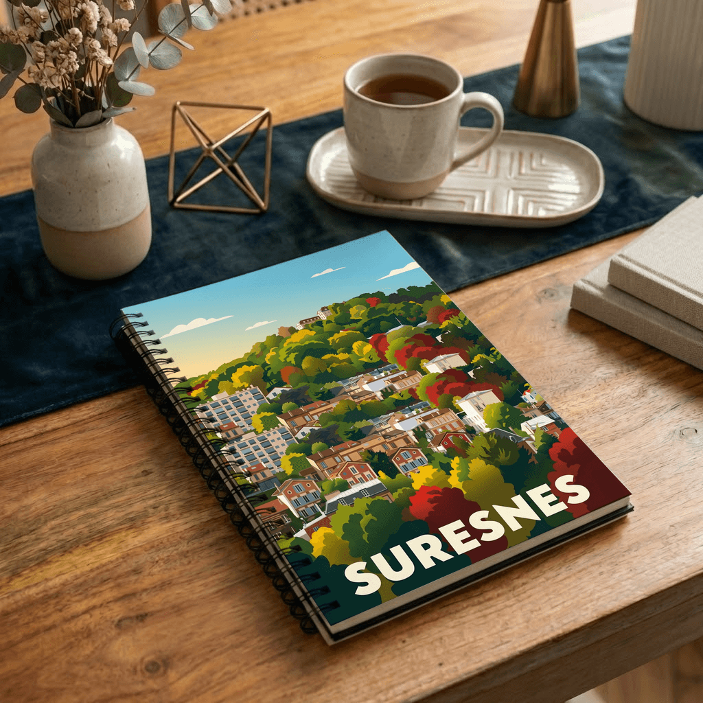 Carnet souvenir de la ville de Suresnes avec une illustration colorée et stylisée.