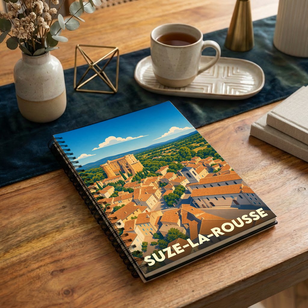 Carnet à spirales souvenir de Suze-la-Rousse illustré d'une vue aérienne stylisée de la ville et de son château.
