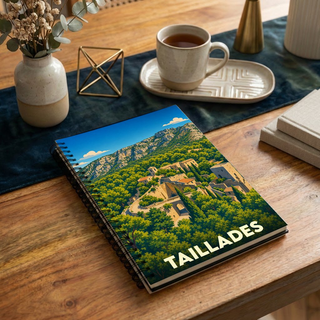 Carnet à spirales souvenir de la ville de Taillades avec une illustration stylisée de son village perché et de sa montagne.
