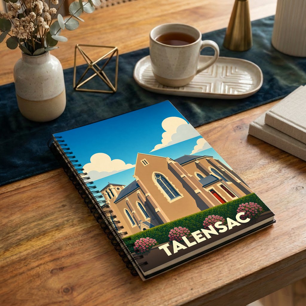 Carnet souvenir de la ville de Talensac illustré par un dessin stylisé de son église sous un ciel azur.