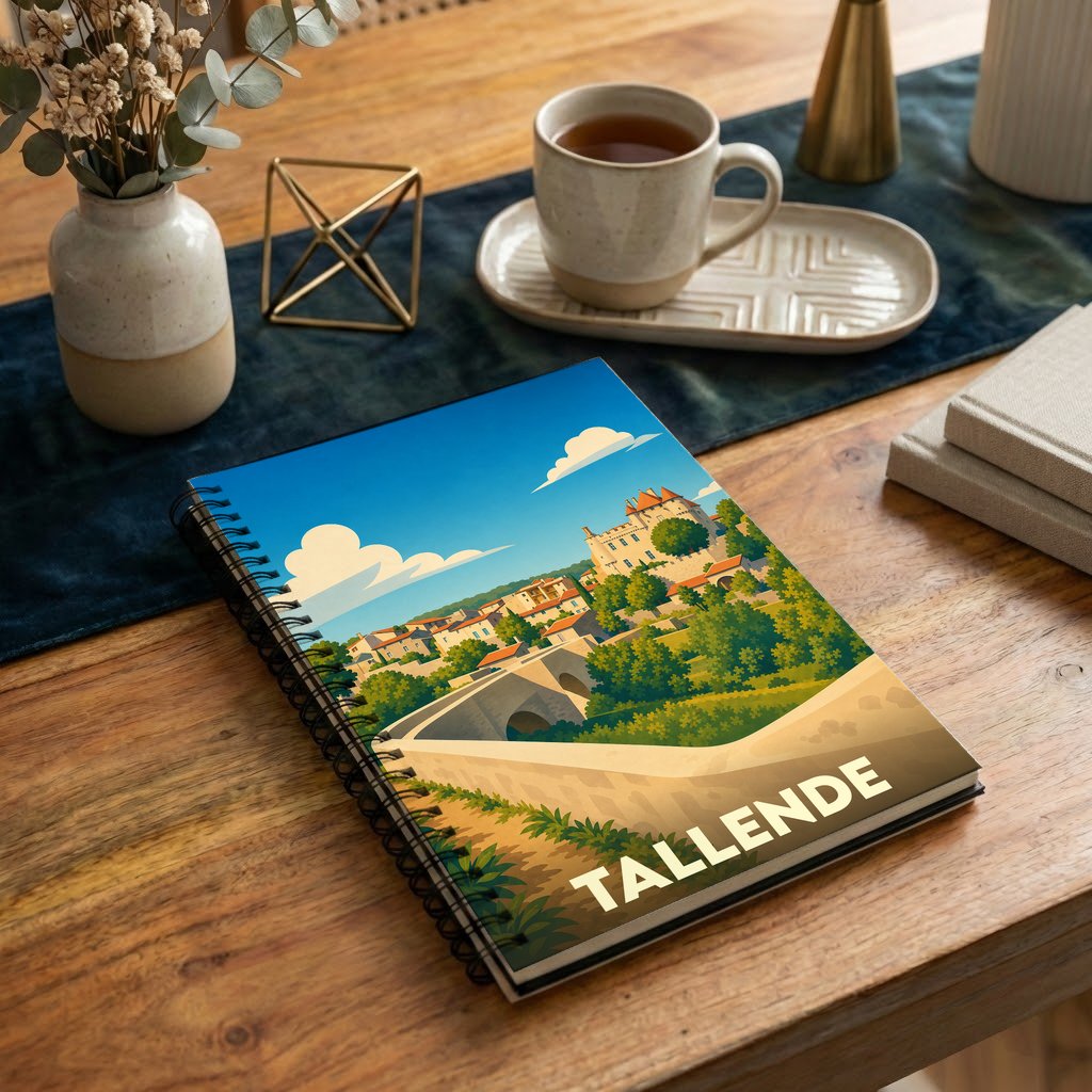 Carnet à spirales souvenir de la ville de Tallende avec une illustration stylisée de son paysage urbain.