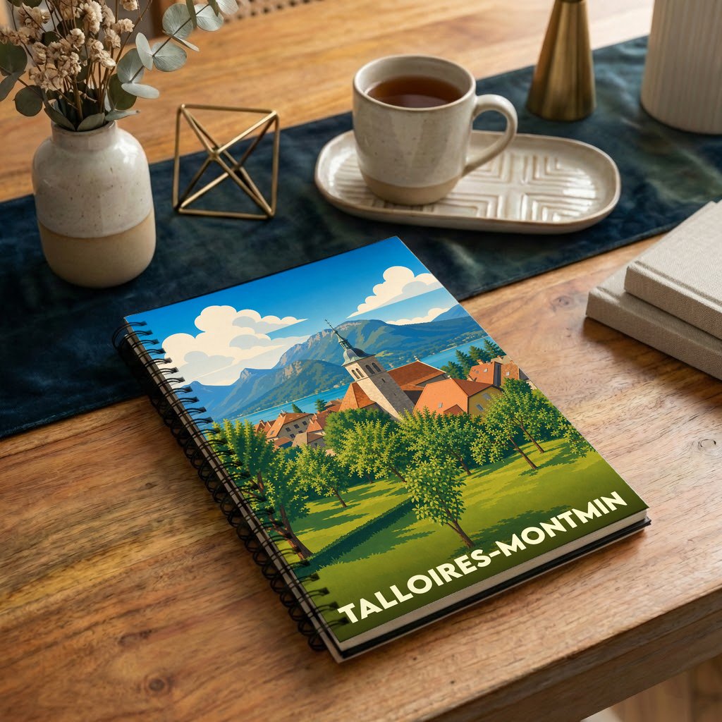 Carnet souvenir de la ville de Talloires-Montmin avec une illustration stylisée de son paysage lacustre et montagneux.