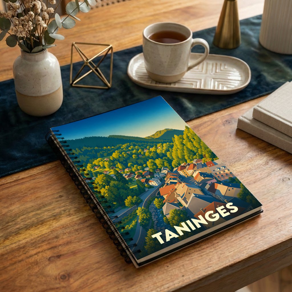 Carnet à spirales souvenir de la ville de Taninges avec une illustration stylisée de ses paysages de montagne.