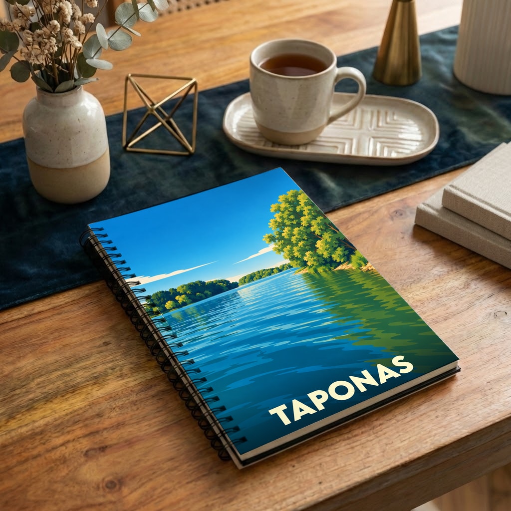 Carnet à spirales souvenir de la ville de Taponas avec une illustration stylisée de bord de l'eau.
