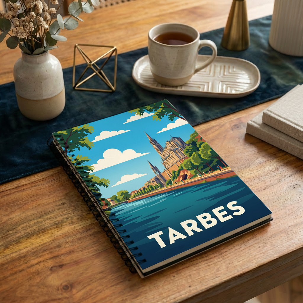 Carnet souvenir de la ville de Tarbes avec une illustration stylisée et colorée.