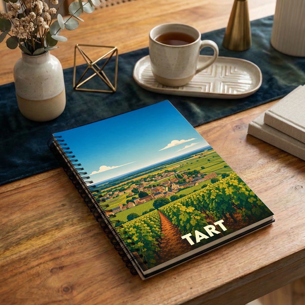 Carnet à spirales souvenir de la ville de Tart avec une illustration stylisée d'un paysage de vignobles.