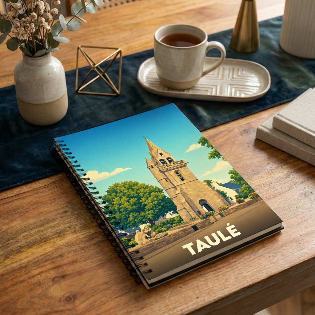Carnet souvenir de la ville de Taulé avec une illustration stylisée de son clocher.