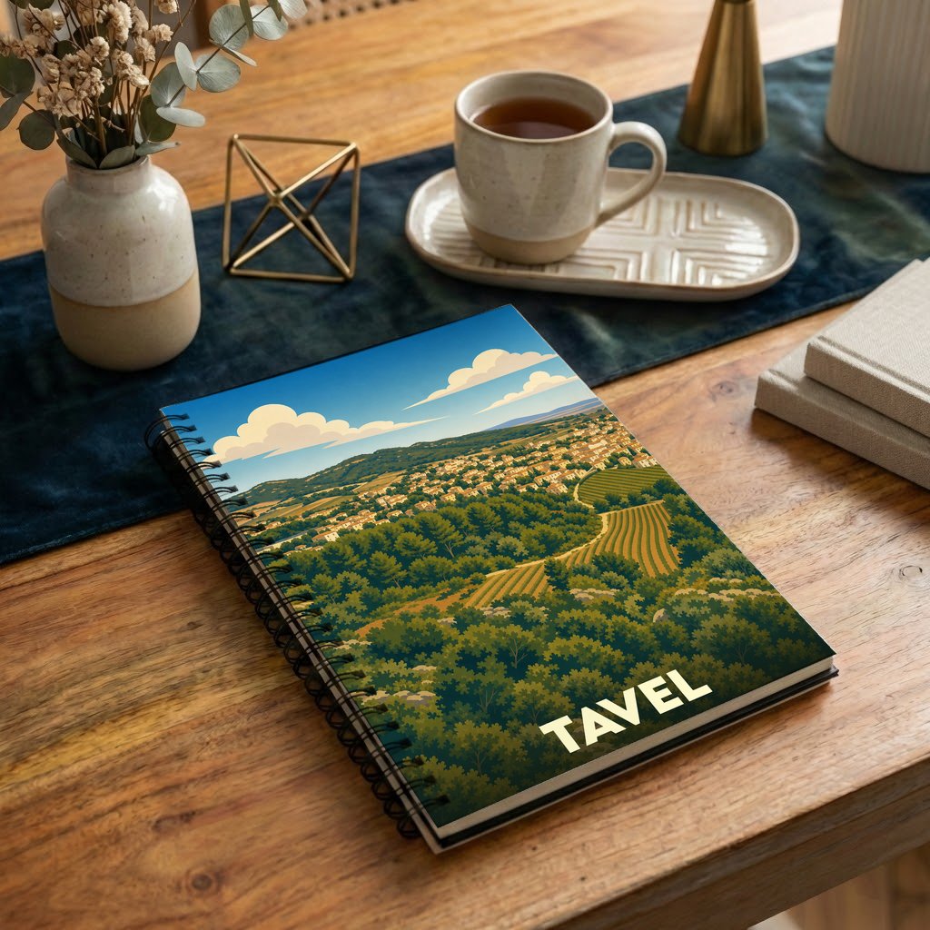 Carnet souvenir de la ville de Tavel avec une illustration stylisée de son paysage vallonné.