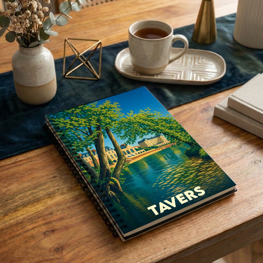 Carnet souvenir de la ville de Tavers illustré d'une vue stylisée du bord de l'eau.
