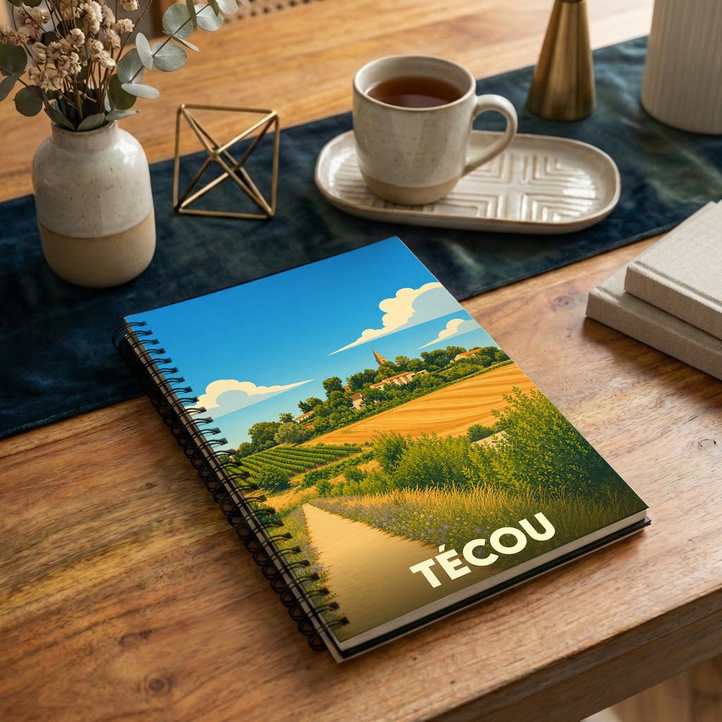 Carnet de notes souvenir de la ville de Técou avec une illustration stylisée d'un paysage champêtre.