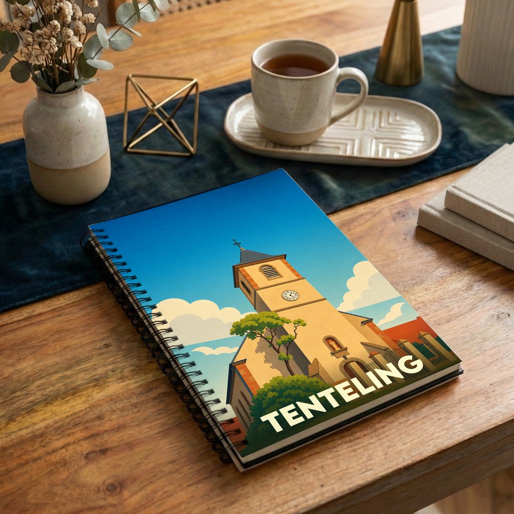 Carnet souvenir de la ville de Tenteling avec une illustration stylisée de son église.