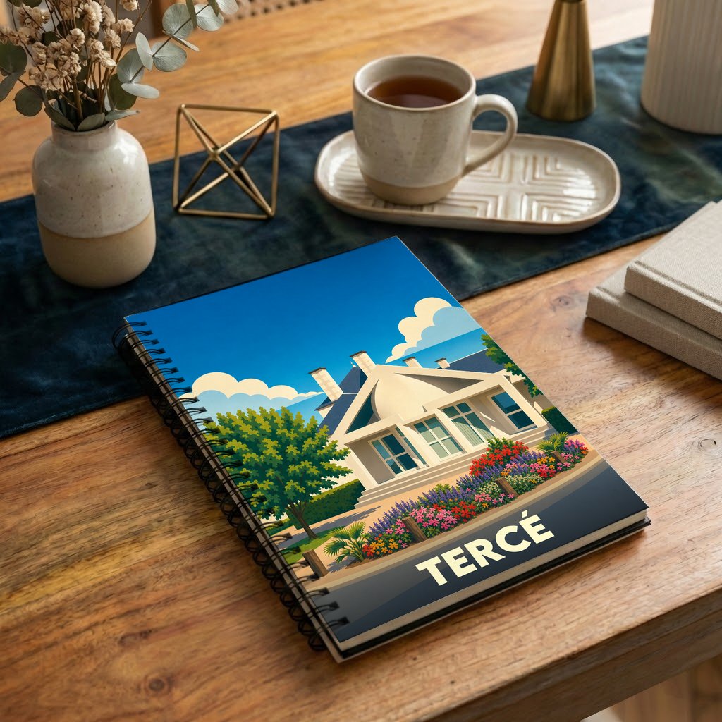 Carnet souvenir de la ville de Tercé avec une illustration stylisée d'une maison fleurie.