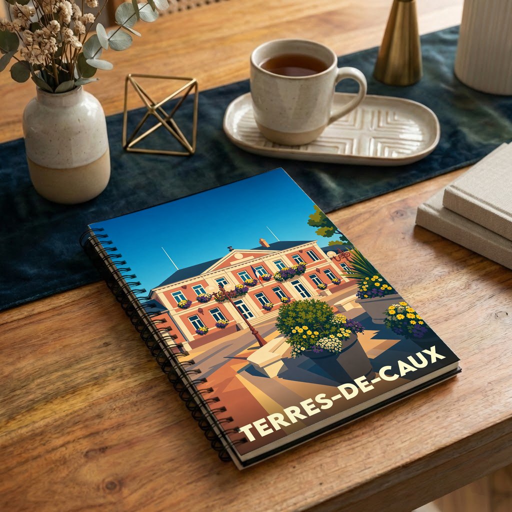 Carnet souvenir de la ville de Terres-de-Caux avec une illustration colorée et stylisée.